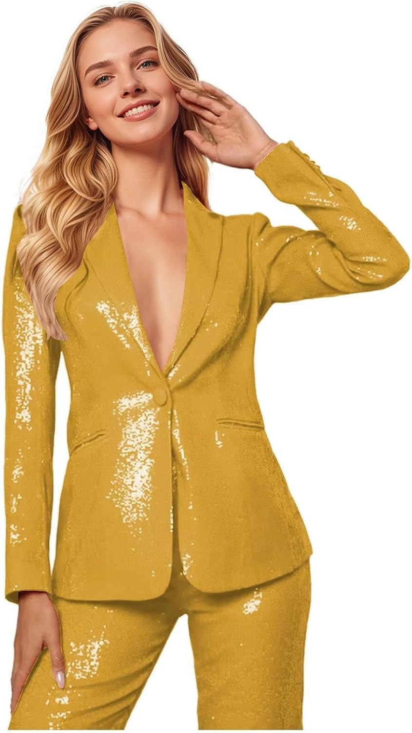 Womens Sequin 2 Piece Set Glitter Suit for Women Elegant Sparkly Blazer Pants Suit for Party Formal Prom Set