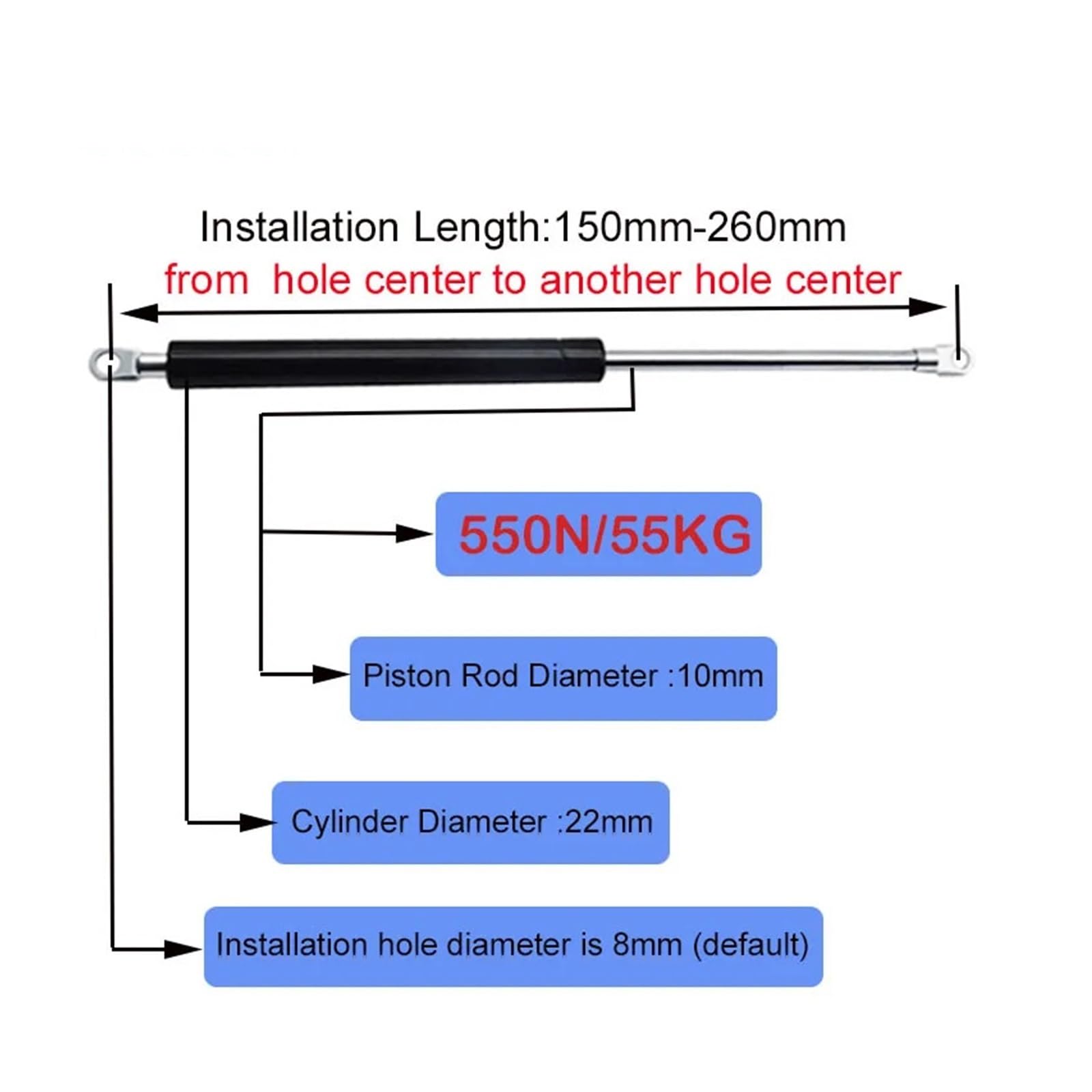 Barras de puntal universales Amortiguador resorte gas Puntal soporte elevación hidráulica | 150 mm-260 mm 550 N/55 KG for camión de autobús RV con barra(22-10-60-200)