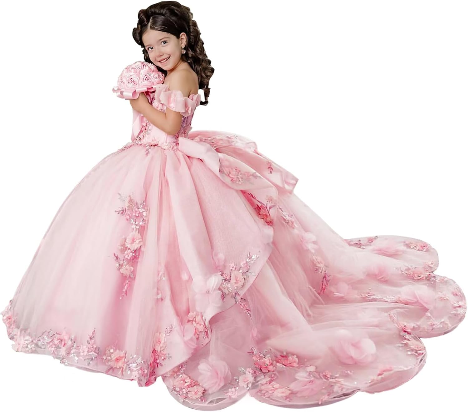 XYAYE Off Shoulder Layered Flower Girl Dresses Puffy Lace First Communion Dresses Beaded Tulle Pageant Dress for Girls