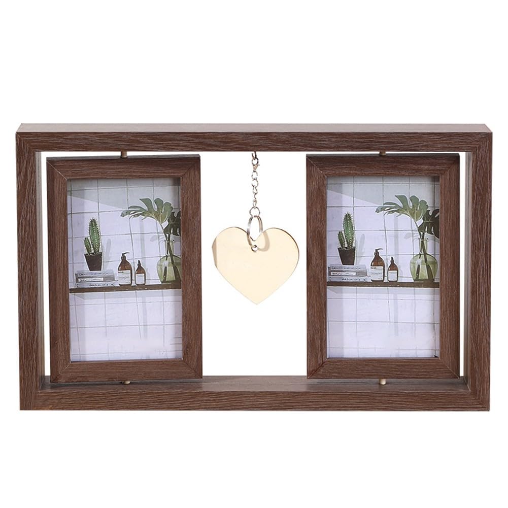 Cadre photo rotatif en bois marron double face avec cœur vintage