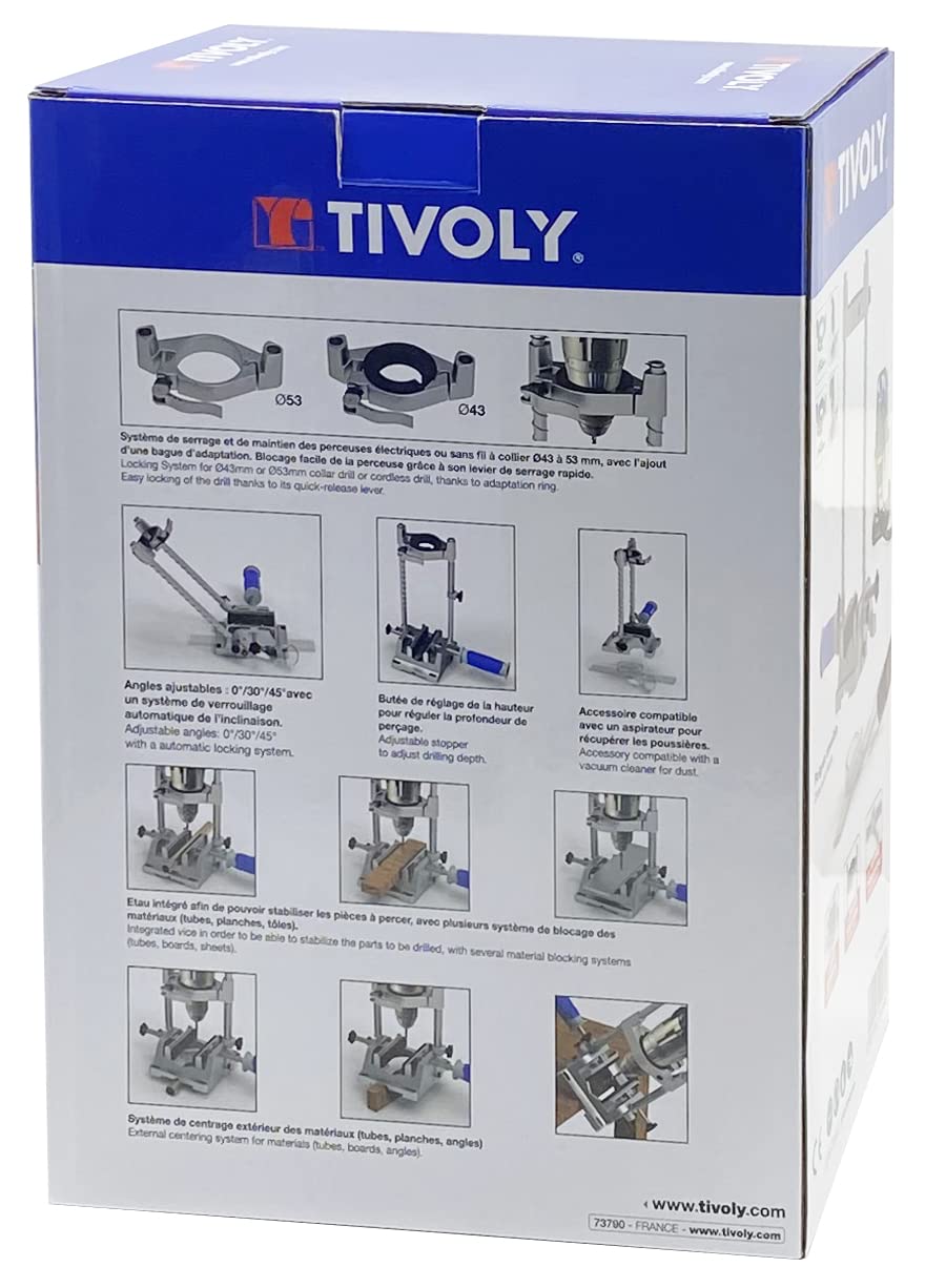 Tivoly 11110220007 Support de Perçage pour perceuse à collier de 43mm à 53mm, système de serrage rapide, Angle de perçage réglable, étau de serrage et système d'aspiration intégré