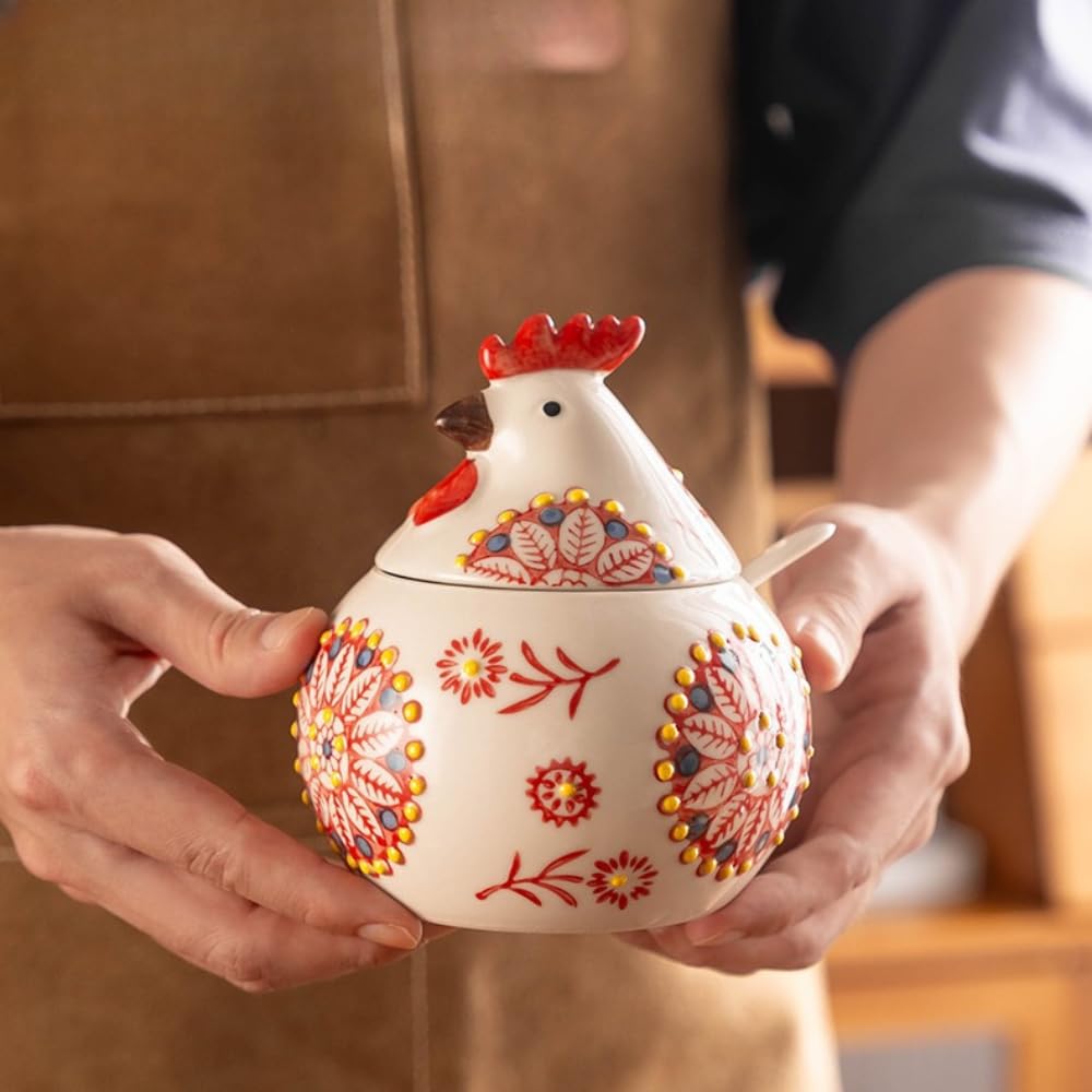 Récipient à épices en céramique avec couvercle et cuillère, pot d'assaisonnement peint à la main pour le sel, le poivre, le sucre et le rangement de la cuisine, design mignon et simple poussin