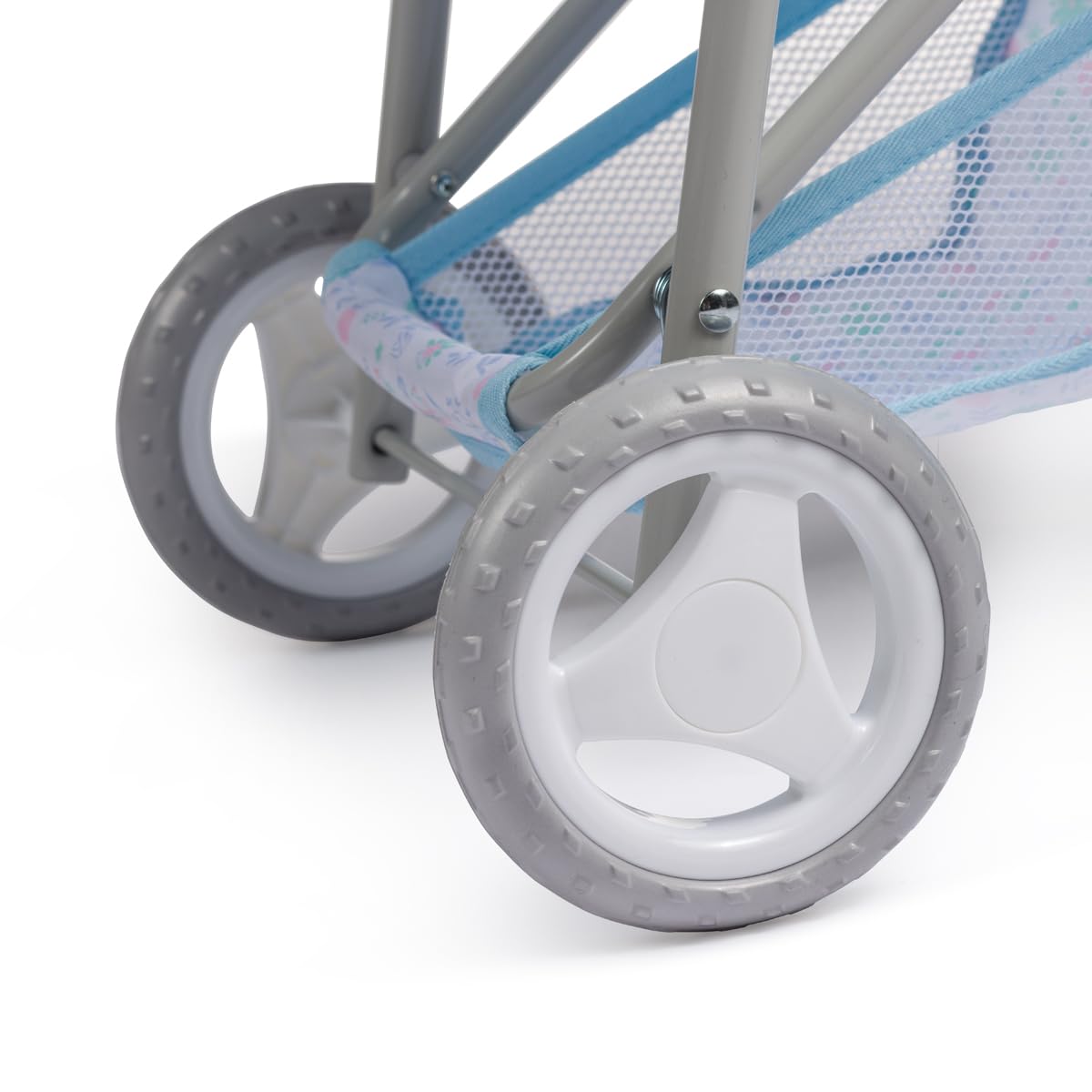 JC Toys Poussette Pliable à 3 Roues, pour poupées jusqu'à 45 cm, avec Panier et Capote, idéale pour Jouer et se Promener, Bleu avec décoration Florale, conçue par Berenguer, +3 Ans