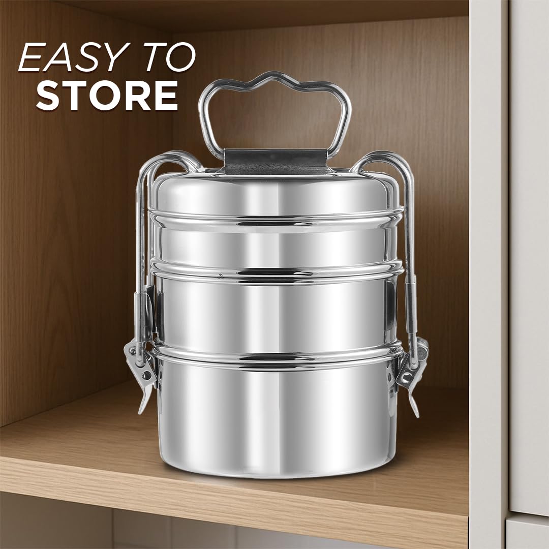 Kraft - Fiambrera de acero inoxidable con 3 compartimentos y asa, 2440 ml, con tapa, a prueba de fugas, para oficina, escuela, contenedor de alimentos, ideal para hombres y mujeres, color plateado