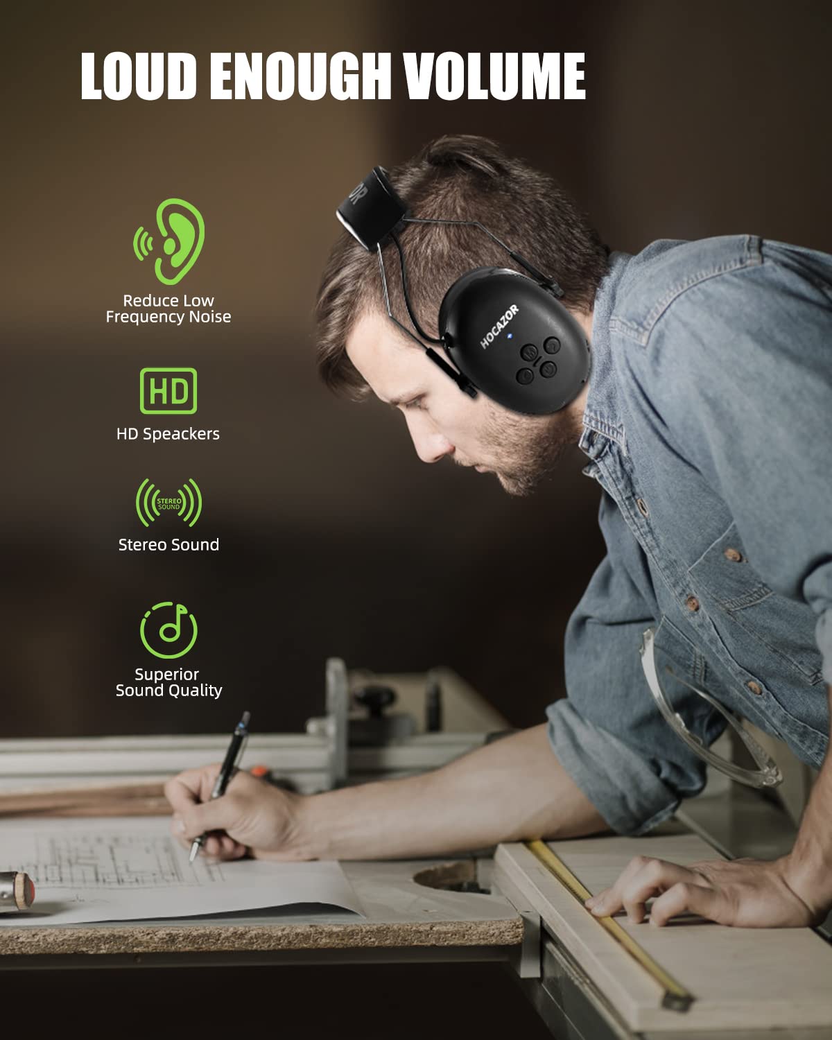 HZ07 Bluetooth 5.1 Protección auditiva - NRR 25dB cancelación de ruido orejeras con batería recargable de 1500 mAh