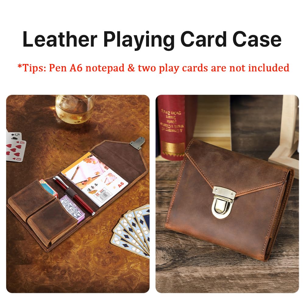 CONTACTS Custodia per carte da gioco in vera pelle con porta penna e blocco note per viaggi all'aperto, scatola per 2 mazzi di carte marrone organizer per 2 mazzi, set di punteggi