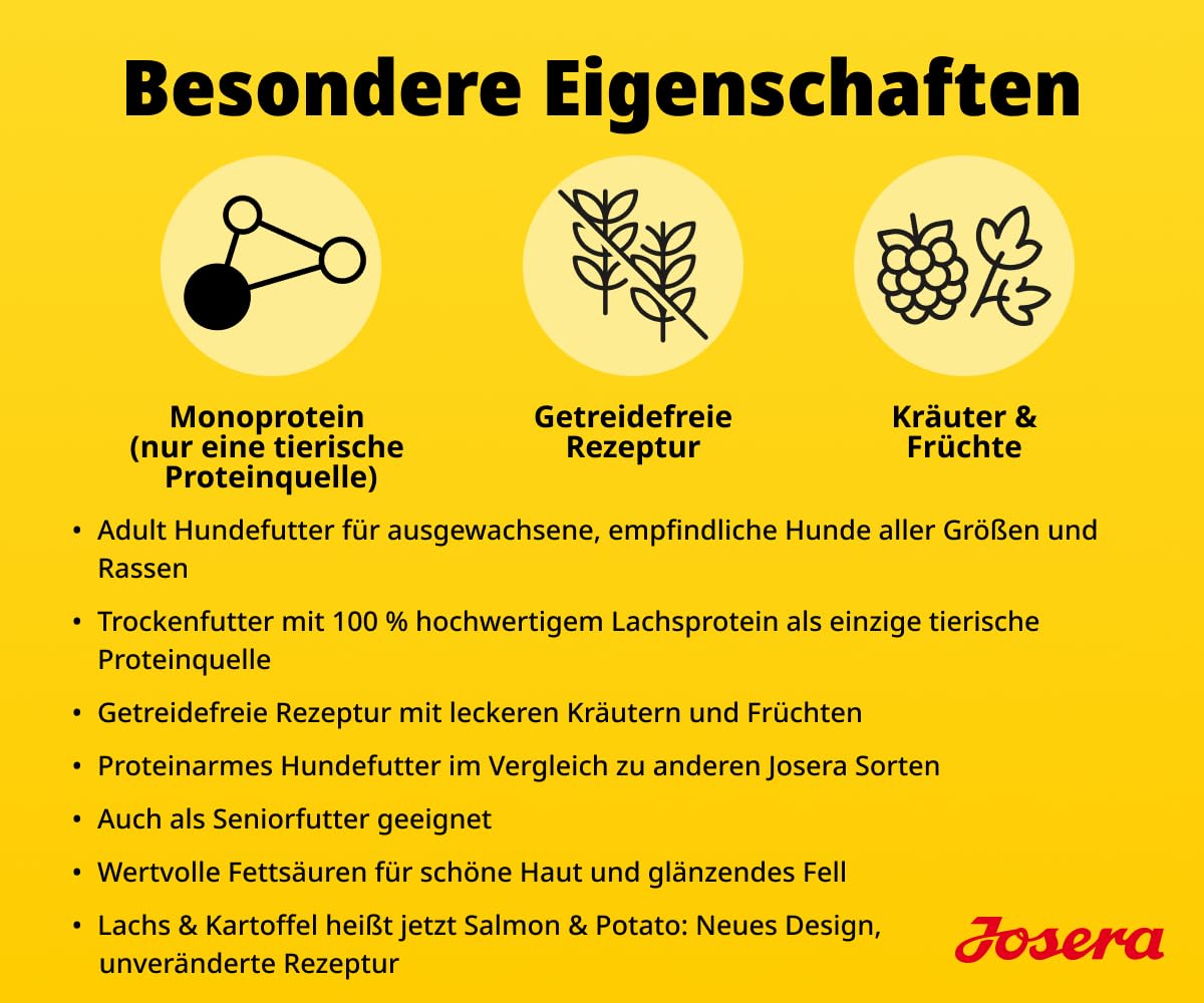 JOSERA Lachs & Kartoffel (1 x 12,5 kg) | Adult | Premium Trockenfutter für ausgewachsene Hunde (auch Senioren) | Monoprotein - 100% Lachs | wenig Protein | getreidefrei | Hundefutter | 1er Pack