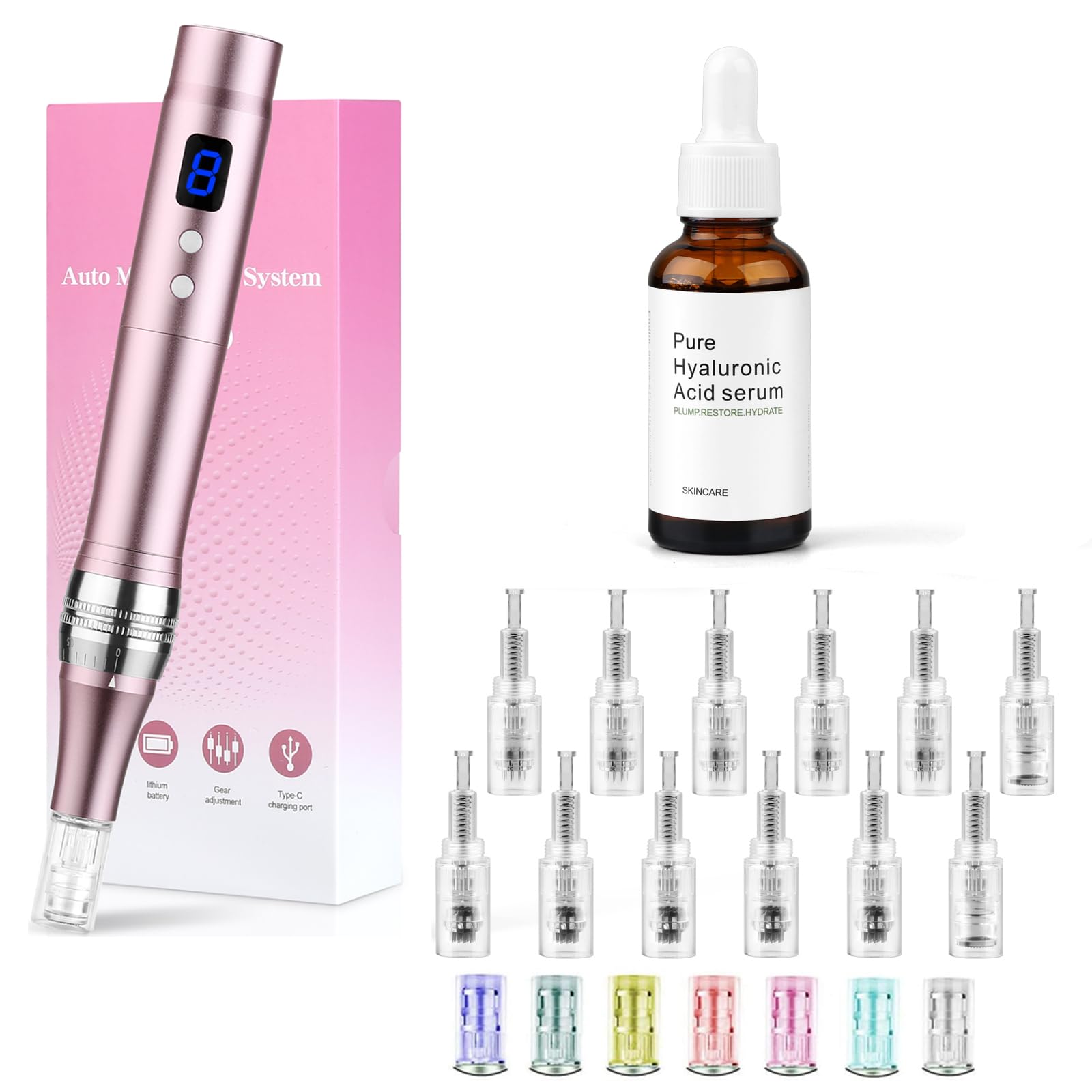 Dermapen Elektrischer Microneedling-Stift mit 8 Geschwindigkeiten, 0-2,5 mm, mit 7 Modell-LED-Licht, mit Hyaluronsäure-Gesichtsserum (inkl. 12 Nadelpatronen) (Rosa)