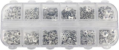 Miniatura 4 de 360 cuentas espaciadoras plateadas de metal en forma de flor, cuentas sueltas con caja de almacenamiento, accesorios para hacer joyas (plateado)