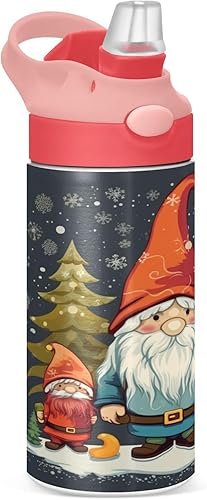 Botella de agua de gnomo de Navidad para niños, botellas térmicas de metal reutilizables con aislamiento de acero inoxidable, tapa de popote a