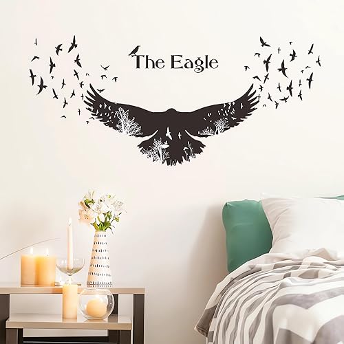 Miniatura 2 de Calcomanías de pared negras personalizadas con águila, calcomanías de pared de animales de pájaro de sacinora removibles para sala de estar,