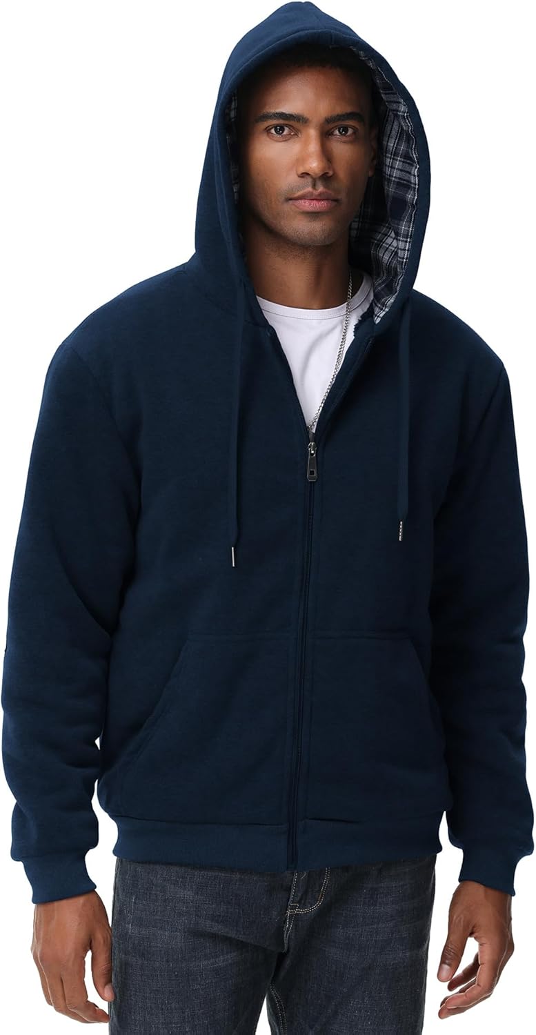 ZITY Mens Flannel Plaid Lined Hoodies Zip Up Heavyweight Sweatshirt Winter Warm Thick Coat - Image 5