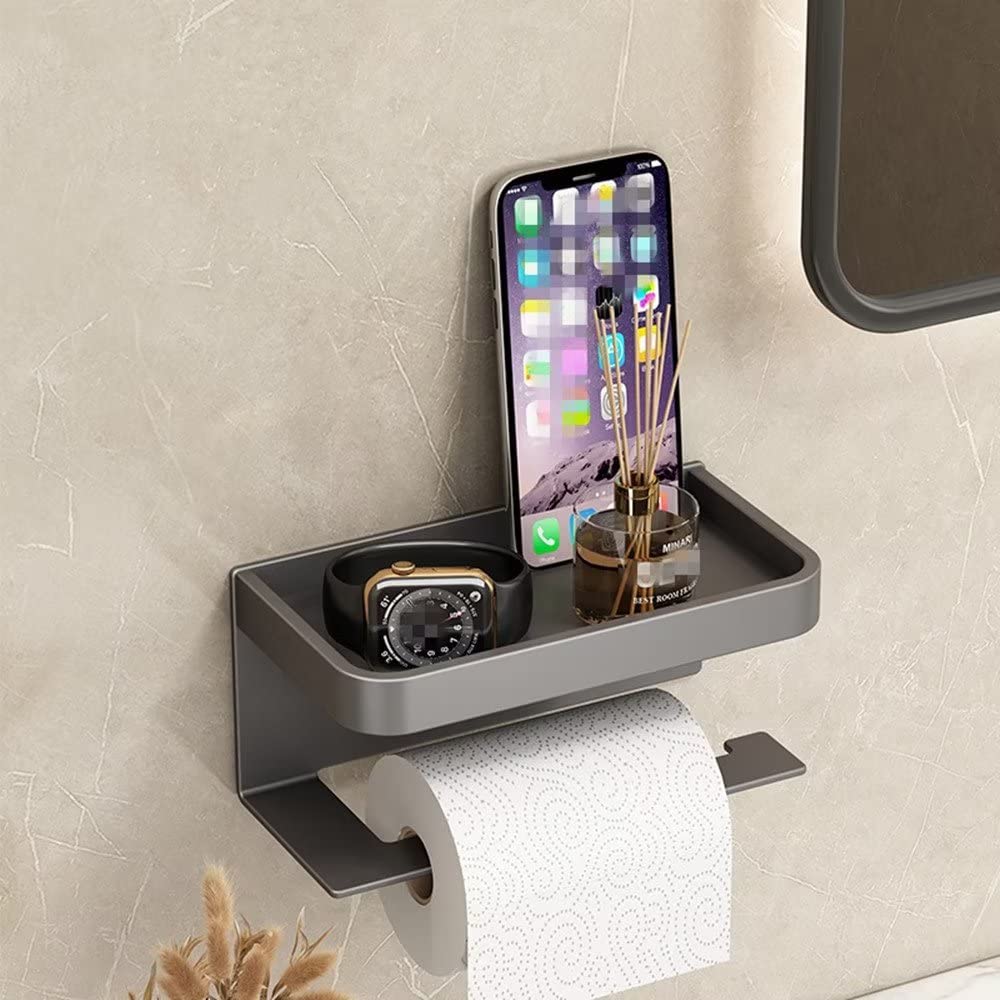 Toilet Paper Roll Holder with Phone Shelf,Wall Mounted Toilet Paper Holder,Rustproof Bathroom Washroom Kitchen Hotel Tissue Roll Holder with Shelf,Toilet Paper Roll Grey - Image 2