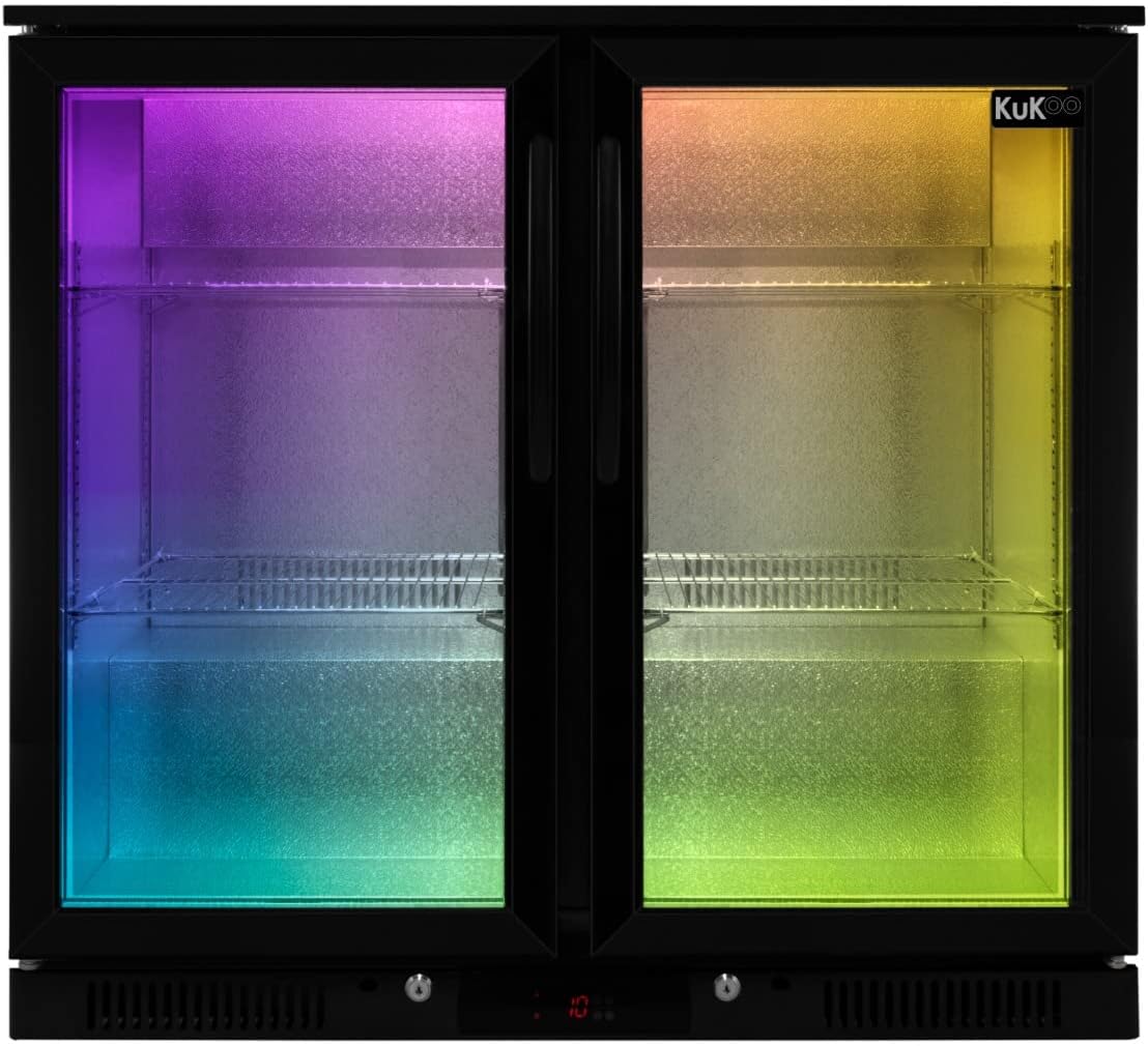 Back Bar Fridge Cooler 208L Capacity Commercial Hinged Double Door Self Closing Under Counter Black Chiller 112 x 500ml Bottles Beer Wine 4 x Adjustable Shelves Colour Changing LED Lights 7 Colours