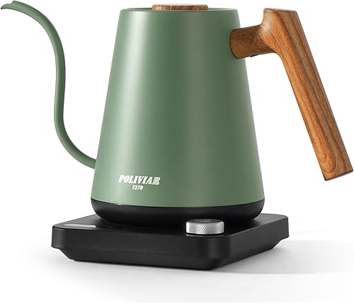 Miniatura 1 de POLIVIAR - Hervidor eléctrico de cuello de cisne, 1350 W, mango de madera, hervidor eléctrico de 34 onzas para café y té, interior de acero