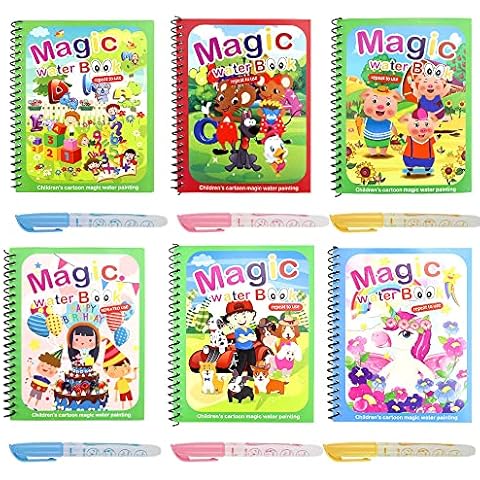 RtottiM 6 Set Magic Water Colouring Book Magic Water Painting Pen Book Water Doodle Colouring Book with 6 Water Pens Reusable Drawing Book for Children Cover