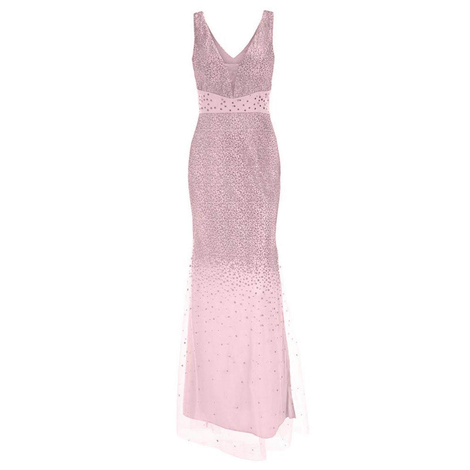 Maxi robe pour femme - Robe de soirée - Robe de cocktail - Longue jupe avec fente - Col en V - Robe de bal et de cocktail - Sexy, Rose, M