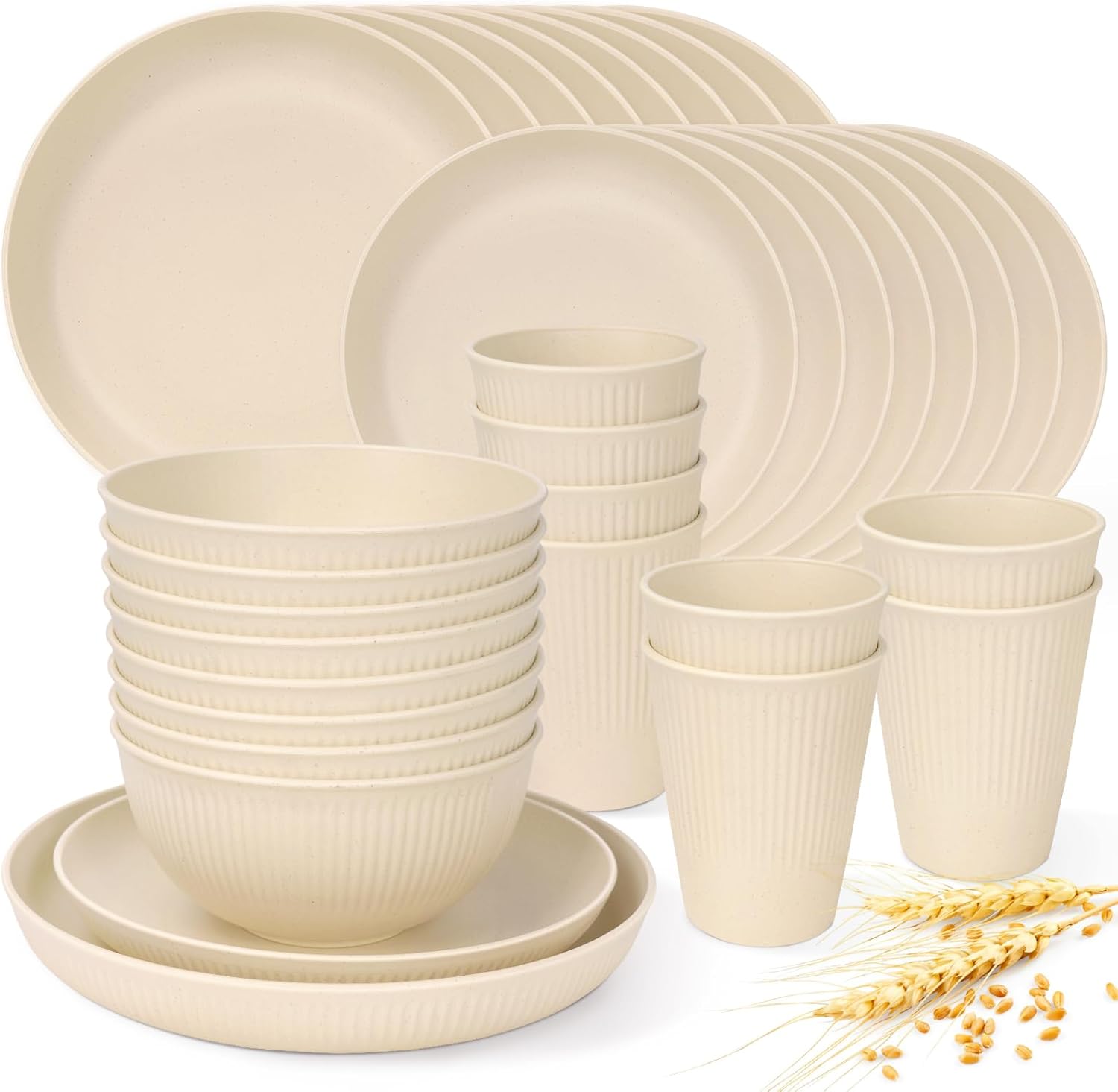 Lzerking Wheat Straw Dinnerware Sets 32-Piece Unbreakable Plates, Bowls and Cups Sets, Reusable Plastic Dinnerware Set for Kitchen, Camping, RV, Picnic, Gift, Service for 8