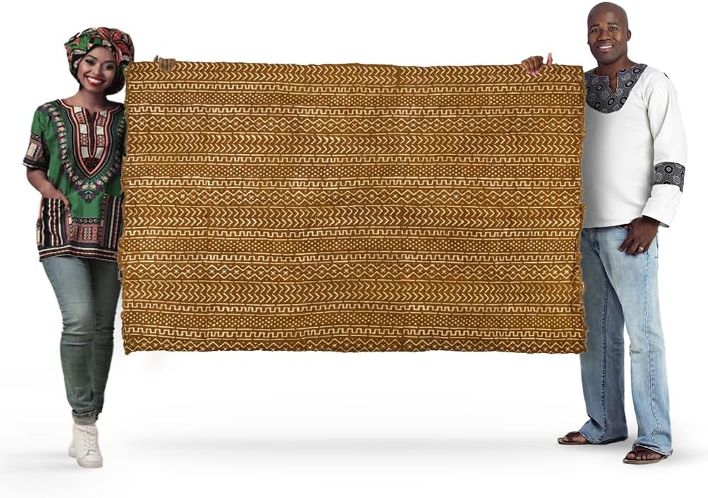 The Bead Chest Brown Bogolan Mali Mud Cloth - Handmade African Textile from West Africa - 40x64 Inches - Ideal for Home Decor, Boho Throw Blanket, Upholstery, or Crafts