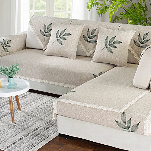Bomull och linne sektionssoffa överdrag dyna halkfri quiltad soffskydd med spets alla årstider dekorativa husdjur sofföverdrag för hörn L-formad kupa-g 90 x 210 cm (35 x 83 tum)