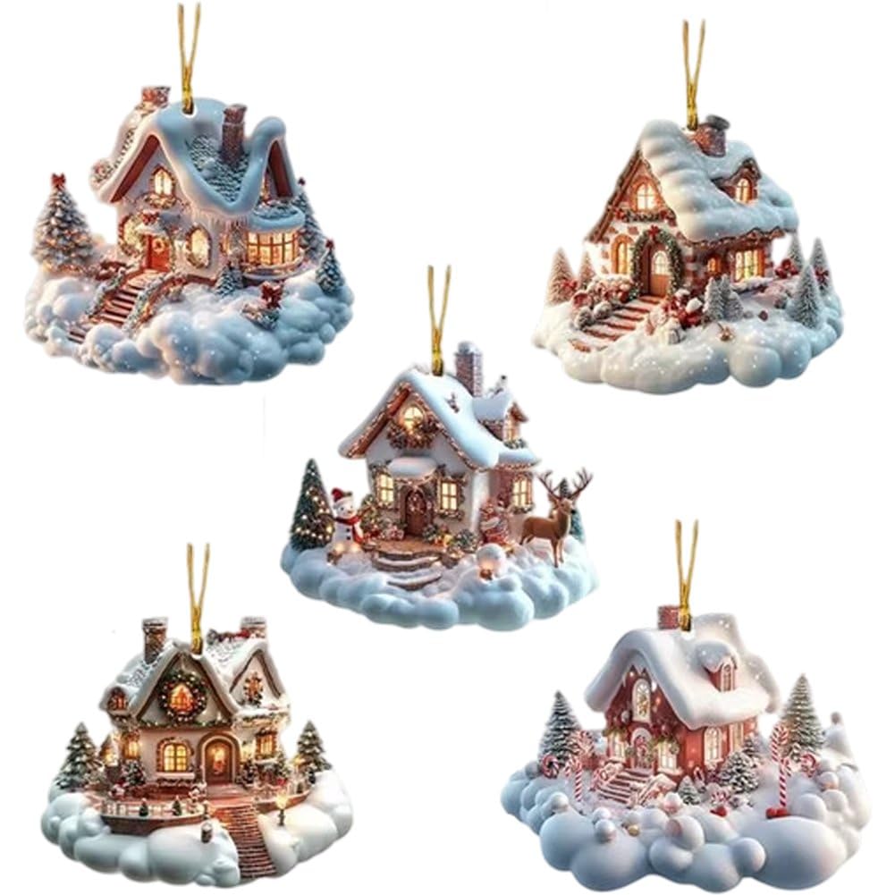 Fituenly 5 Pcs Christmas House Ornaments Christmas Tree Decoration, Acrylic Christmas House Pendant Hanging Ornaments Christmas Decorations for Xmas Home Decor