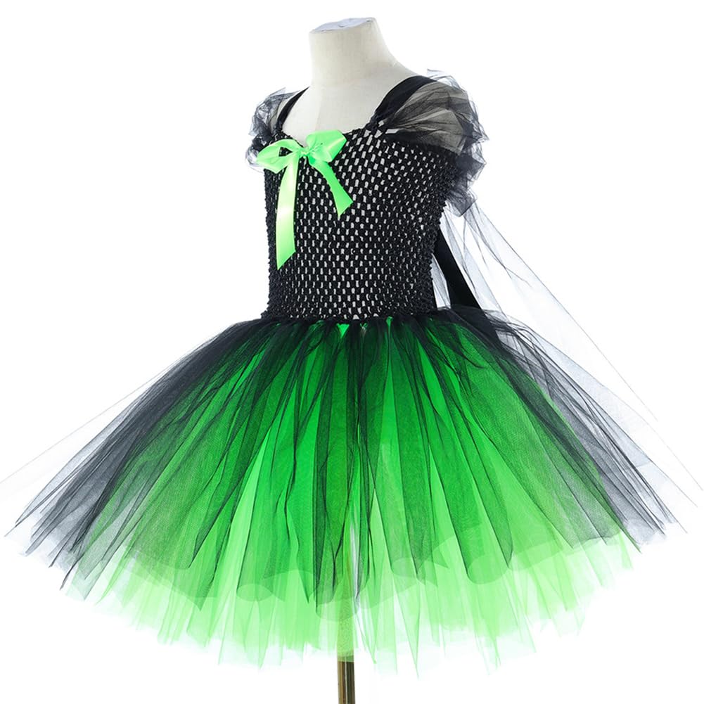 AGYMNX Witch Green Costume Kids Halloween Costume for Girls Dress + Hat + Broom 3 Pieces for 2-12 years Kids Girl Carnival Halloween Cosplay Black Green 8-9Years - Image 2