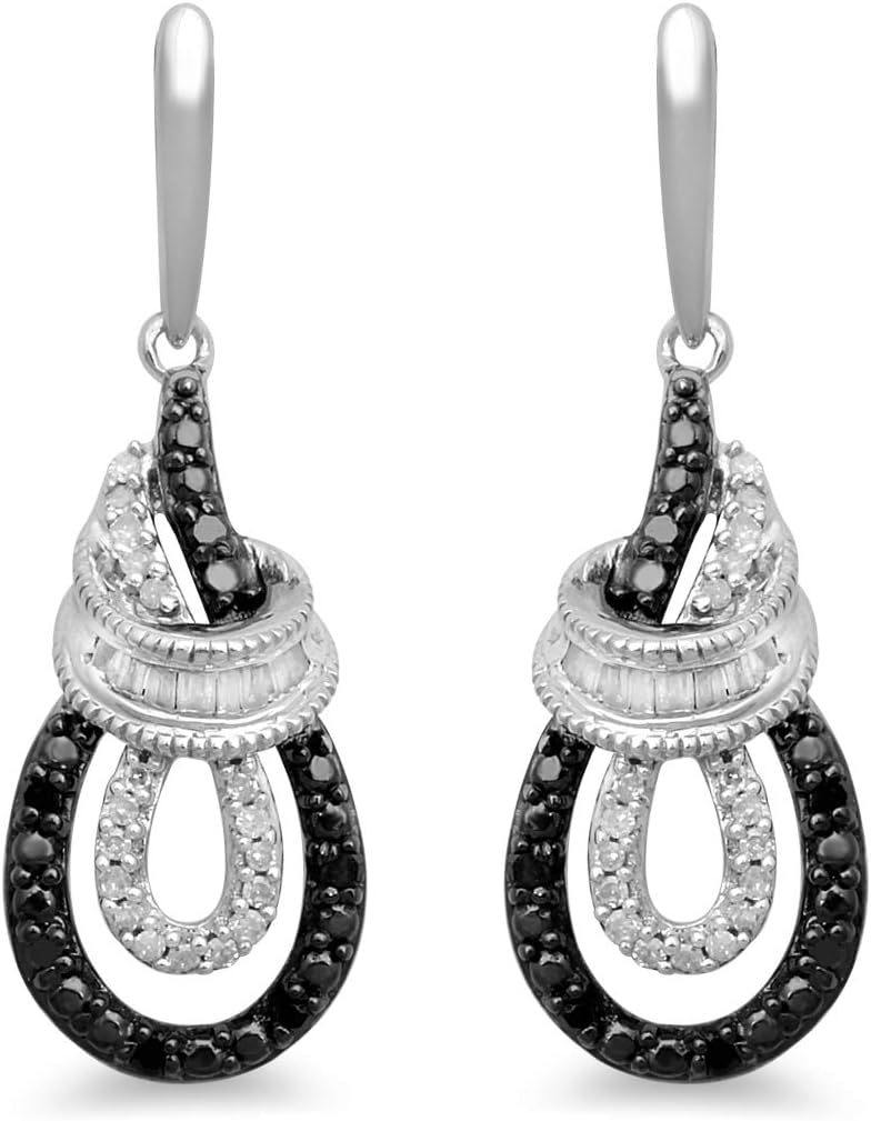Jewelili Sterling Silver 1/4 Cttw Natural Black and White Round Diamonds Dangle Earrings