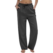 TOPYOGAS Womens Linen Casual Pants High Waist Drawstring Lounge Pant Summer Boho Straight Trousers with Pockets