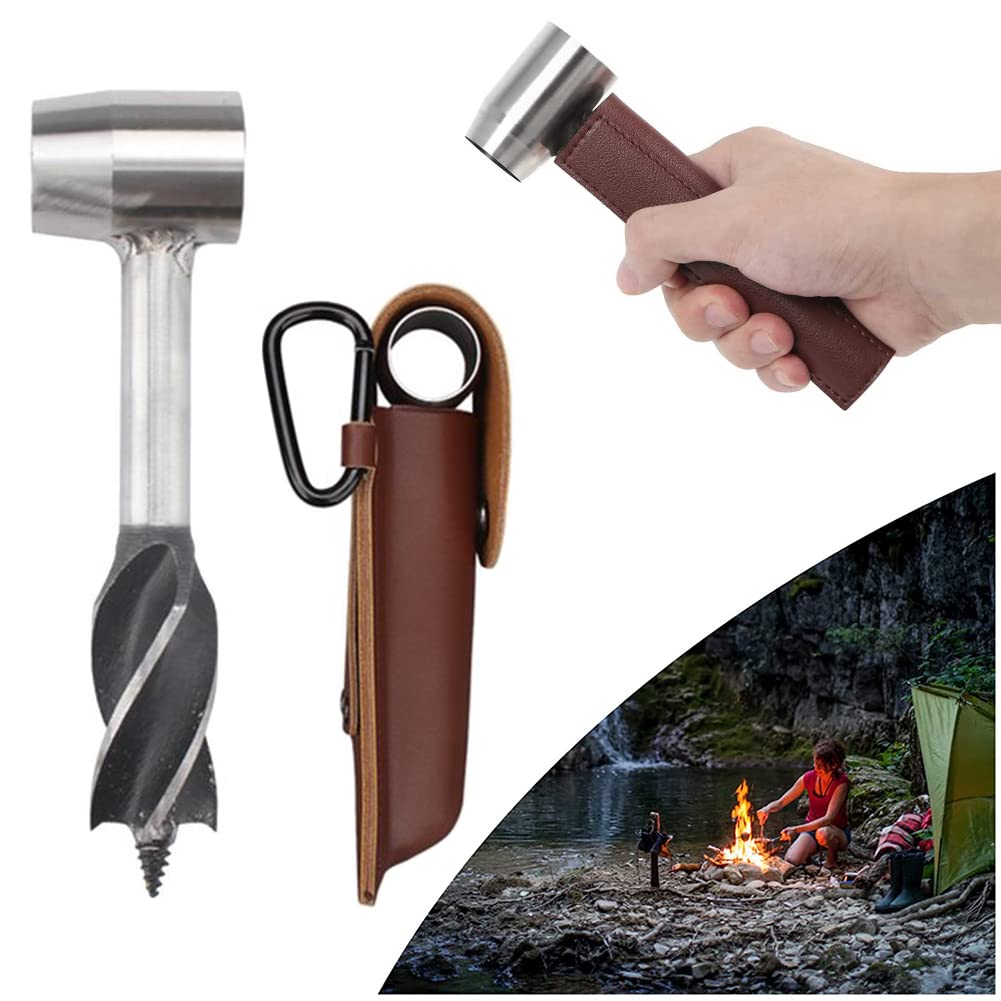 Manual Survival Drill Bit - Bushcraft Settlers Hand Drill With Brown Leather Pack - Heavy Duty Hand Auger Drill Bit Survival For Camping Hiking Jungle Adventure Shelter Building Travel Games