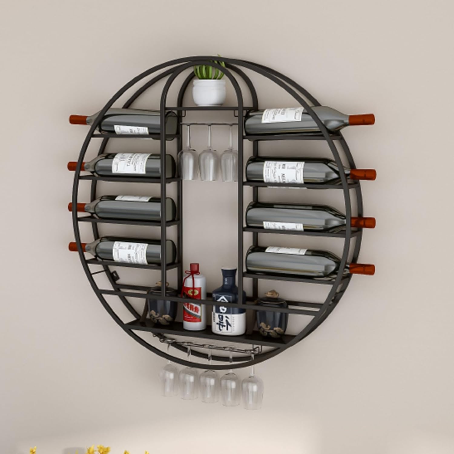 Modern Round Metal Wall Mounted Wine Rack with Glass Holder Stylish Wine Storage Display Shelf for Home Bar and Kitchen Iron Wine Shelf with Wine Glass Holder Wall Mounted Bar Shel