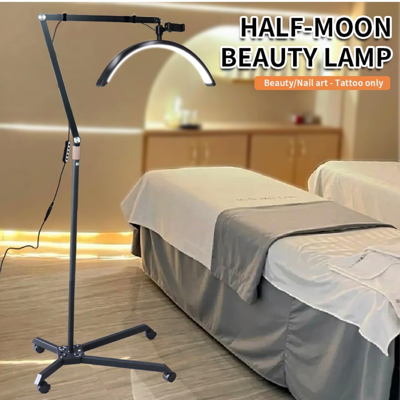 Lampa LED w kształcie półksiężyca Beauty Light, przedłużenie rzęs, podwójna temperatura barwowa, 4 koła, ramię aluminium