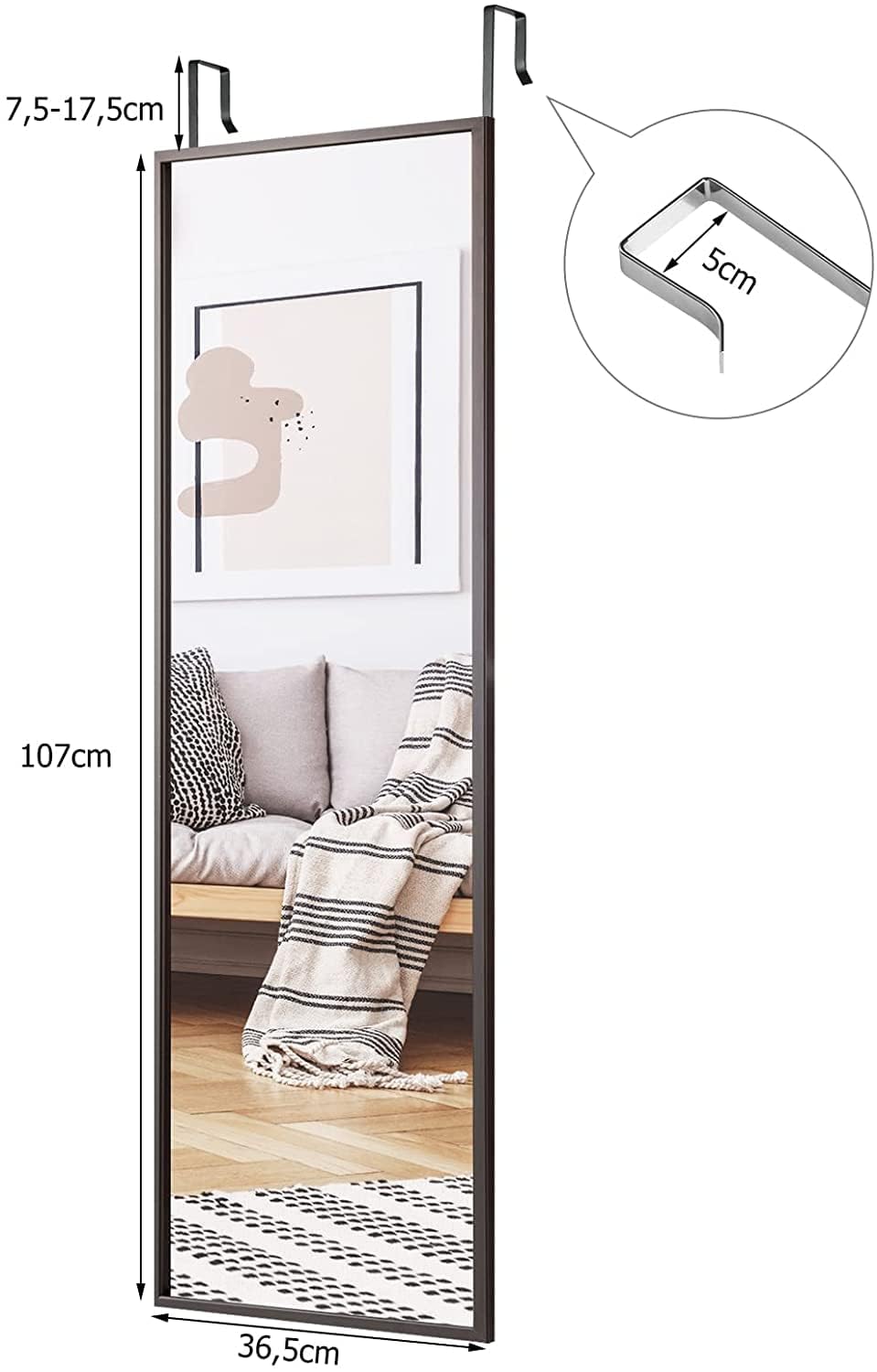 RELAX4LIFE Espejo Pared con Marco de Metal, Espejo Pared Cuerpo Entero con Gancho Ajustable de 3 Niveles, Espejo Decorativo de Pared para Pasillo, Dormitorio y Salón, 36,5x107cm (Marrón)