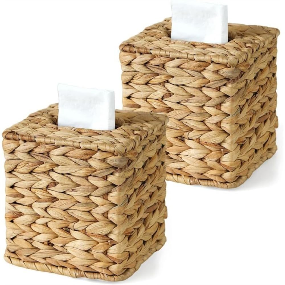 Hndhbfgrt Woven Water Hyacinth Cube Tissue Holders 2 Pc Rattan Tissue Box Covers, Wicker Square,Boho Decorative Tissue Box Holders
