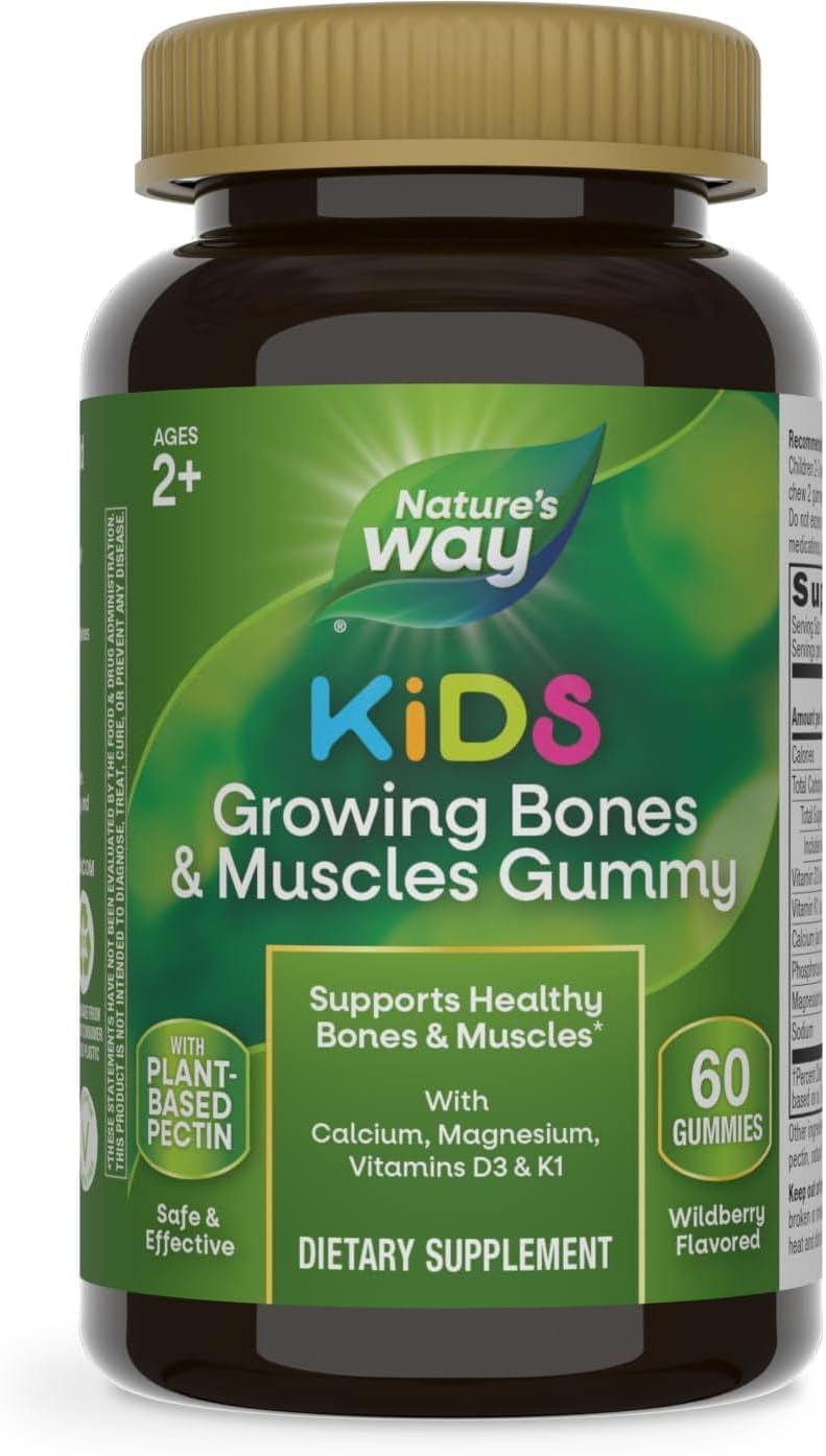Nature's Way Kids Growing Bones & Muscles Gummy, Supports Healthy Bones & Muscles*, Calcium, Magnesium, Vitamins D3 & K1, Ages 2+, Wildberry, 60 Gummies