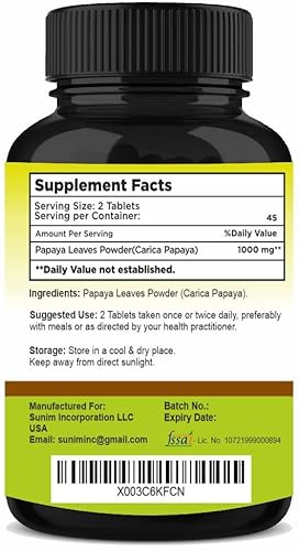 Sunnature Papaya Leaf Tablets 90 Tablets, 1000 Mg| 45 Days Supply| Vegan| Papaya Leaf #TOP2