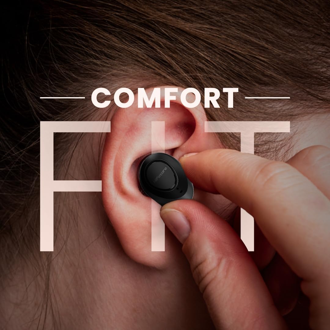 Close-up of an earbud being inserted into an ear, illustrating comfort fit