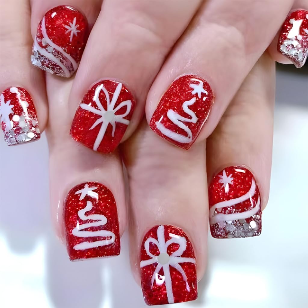 24PCS Short Square Christmas With Glitters Silver Tree Snowflake Designs Stick on Nails For Women