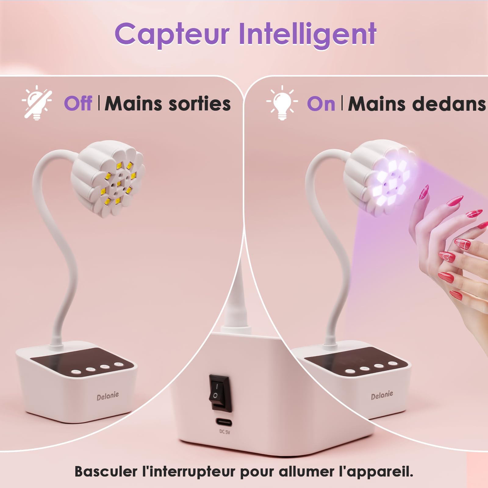 Delanie 35W Lampe UV Ongles Gel avec Capteur Automatique Intelligent & Écran LCD, Séchage Rapide 4 Minuterie de 10s/30s/60s/90s, Design Col de Cygne Flexible pour Manucure à Domicile et en Salon