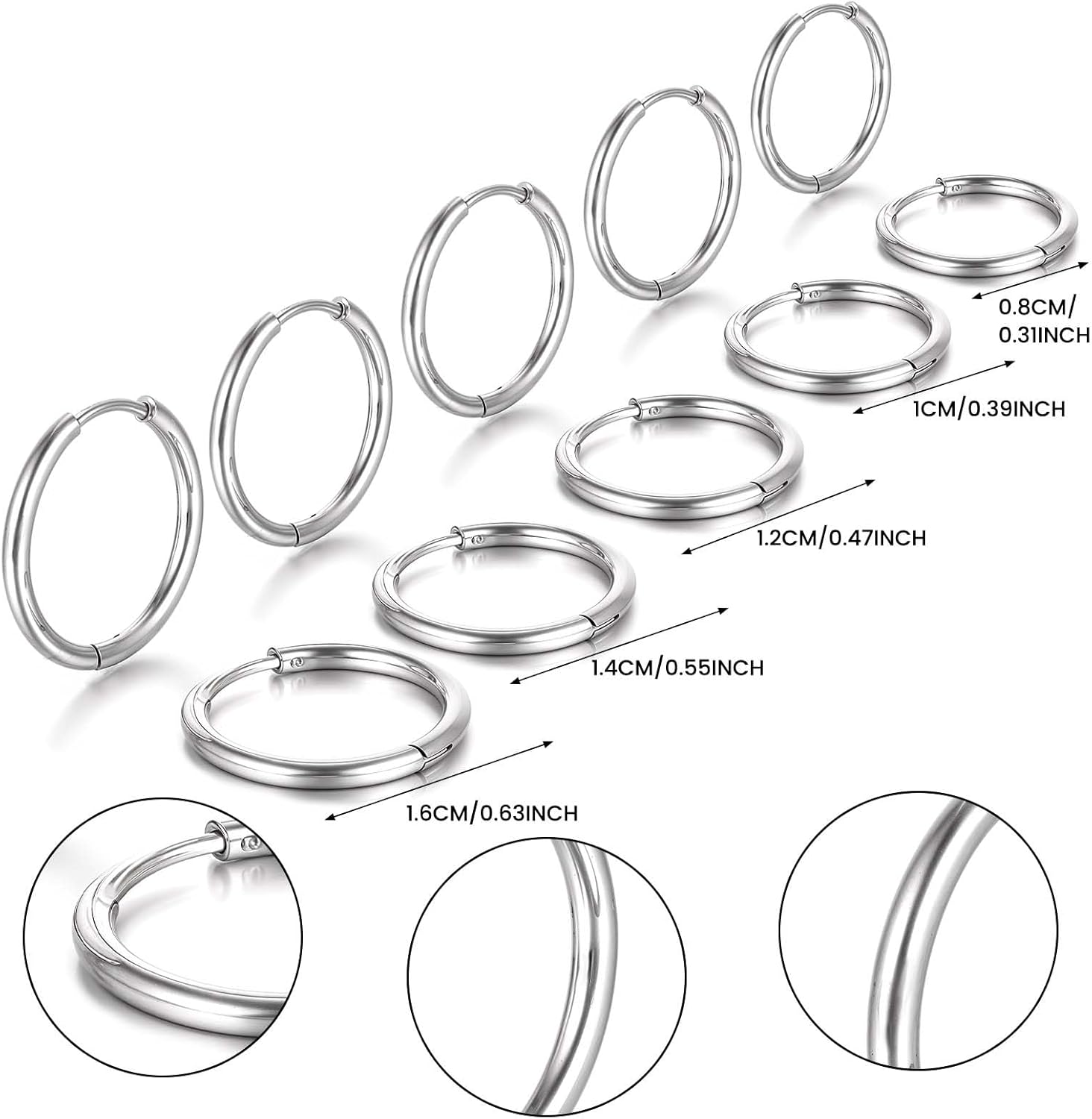5 Pairs Stainless Steel Hoop Earrings for Women Men Silver Small Stainless Steel Huggie Hoop Earrings Piercings Cartilage 8mm,10mm, 12mm,14mm, 16mm - Image 2
