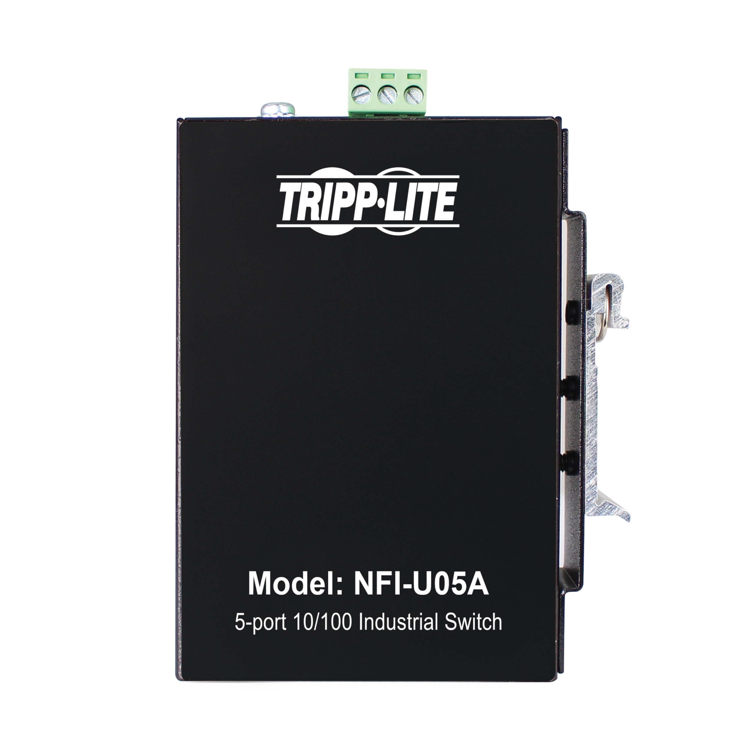 Tripp Lite 5-Port Industrial Ethernet Switch with Ethernet/IP Quality of Service (EIP QoS), 100 Mbps, Unmanaged, DIN Rail & Wall Mounting, -40° to 75°C Temperature Range, 3-Year Warranty (NFI-U05A)