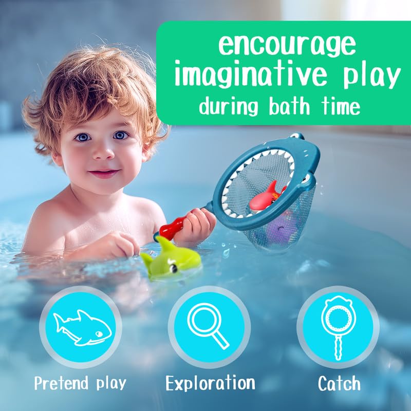 Juguetes de baño para bebés sin agujeros, juego de juguetes de baño de tiburón con red de baño y almacenamiento, juguetes flotantes para ducha de agua y piscina 5
