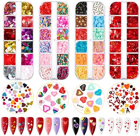 48 Grids Valentine's Day Nail Art Glitters Colorful Heart Shape Nail Art Slices Love Confetti Sequins for Nail Makeup DIY Decoration