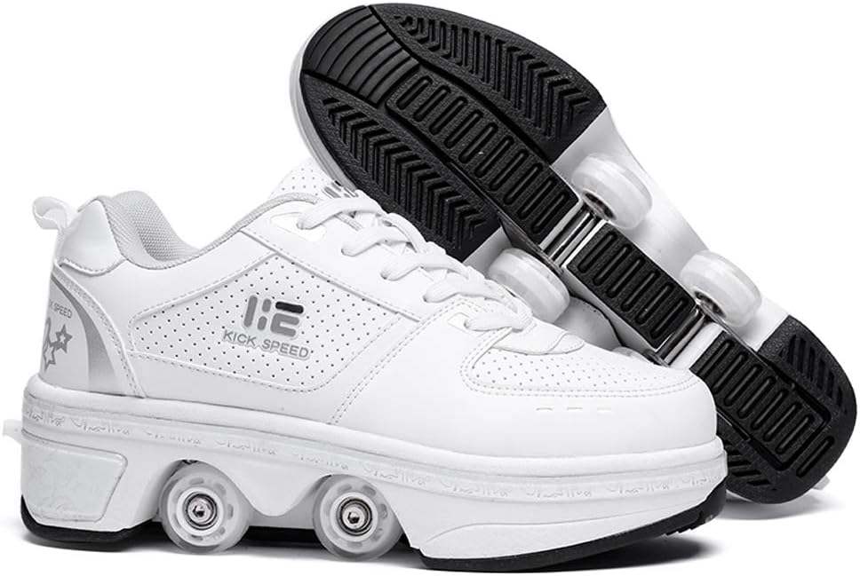 KOFUBOKE 2-in-1 Roller Skates & Sneakers Unisex Retractable Wheels Outdoor Fun & Fitness Kick Roller Shoes, Inlineskatewheel, Black And White