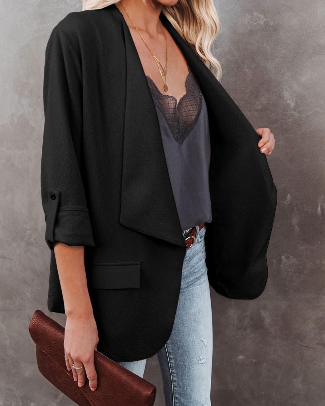 Damen-Blazer, lässig, aufrollbar, langärmelig, vorne offen, für Arbeit, Büro, Business, Blazer mit Taschen