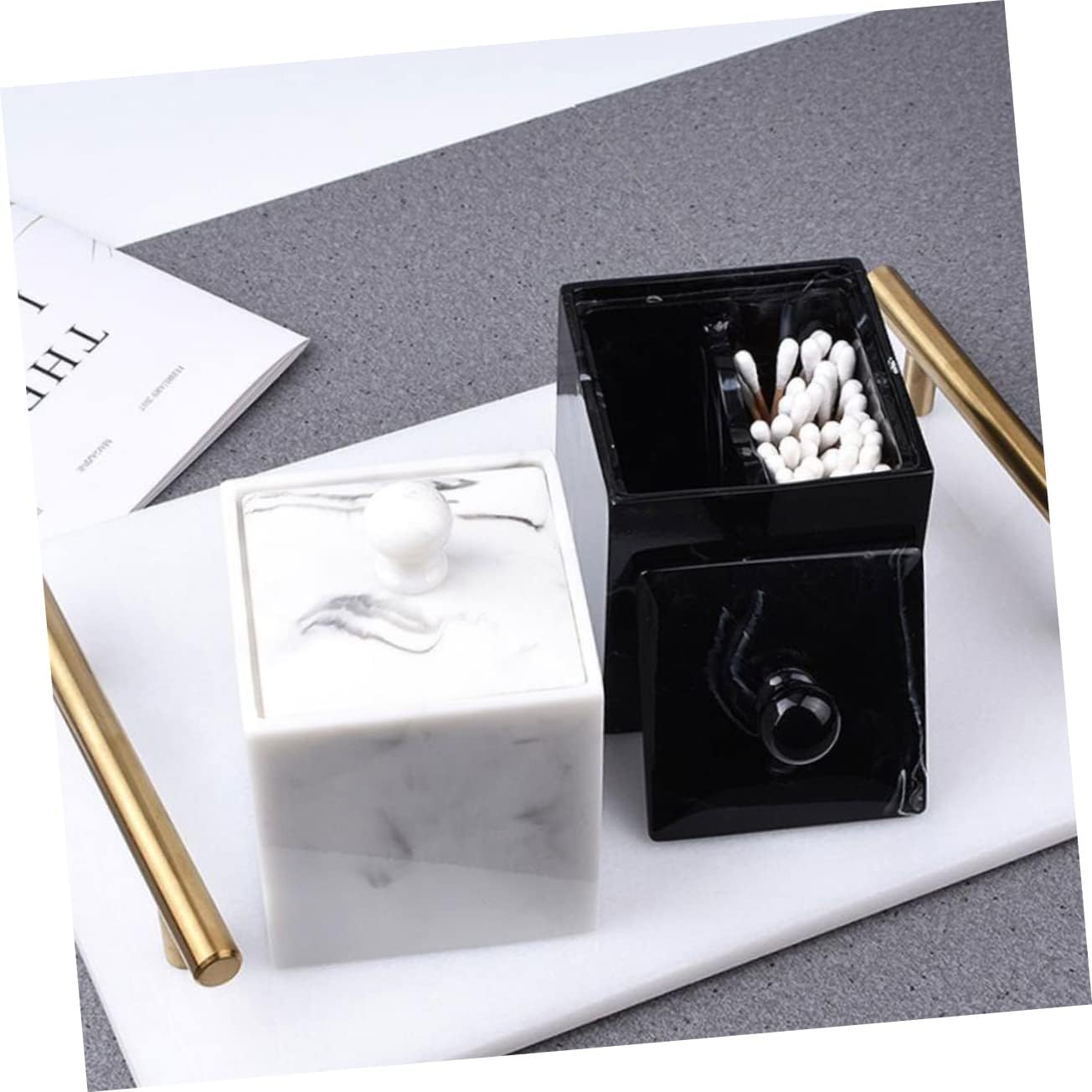 2pcs Double Grids Cotton Swab Holder Marble Grain Pattern Storage Box with Lid for Organizing Cotton Pads Toothpicks and Essentials Decor White
