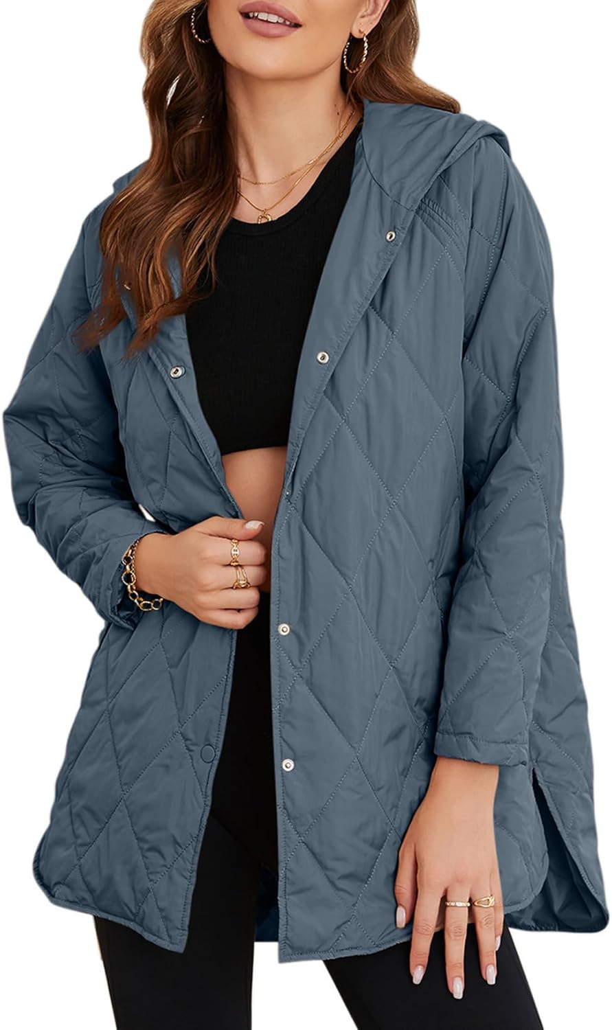 EVALESS Long Jackets for Women Fashion 2025 Winter Coat for Women Business Casual Diamond Quilted Hooded Lightweight Jackets