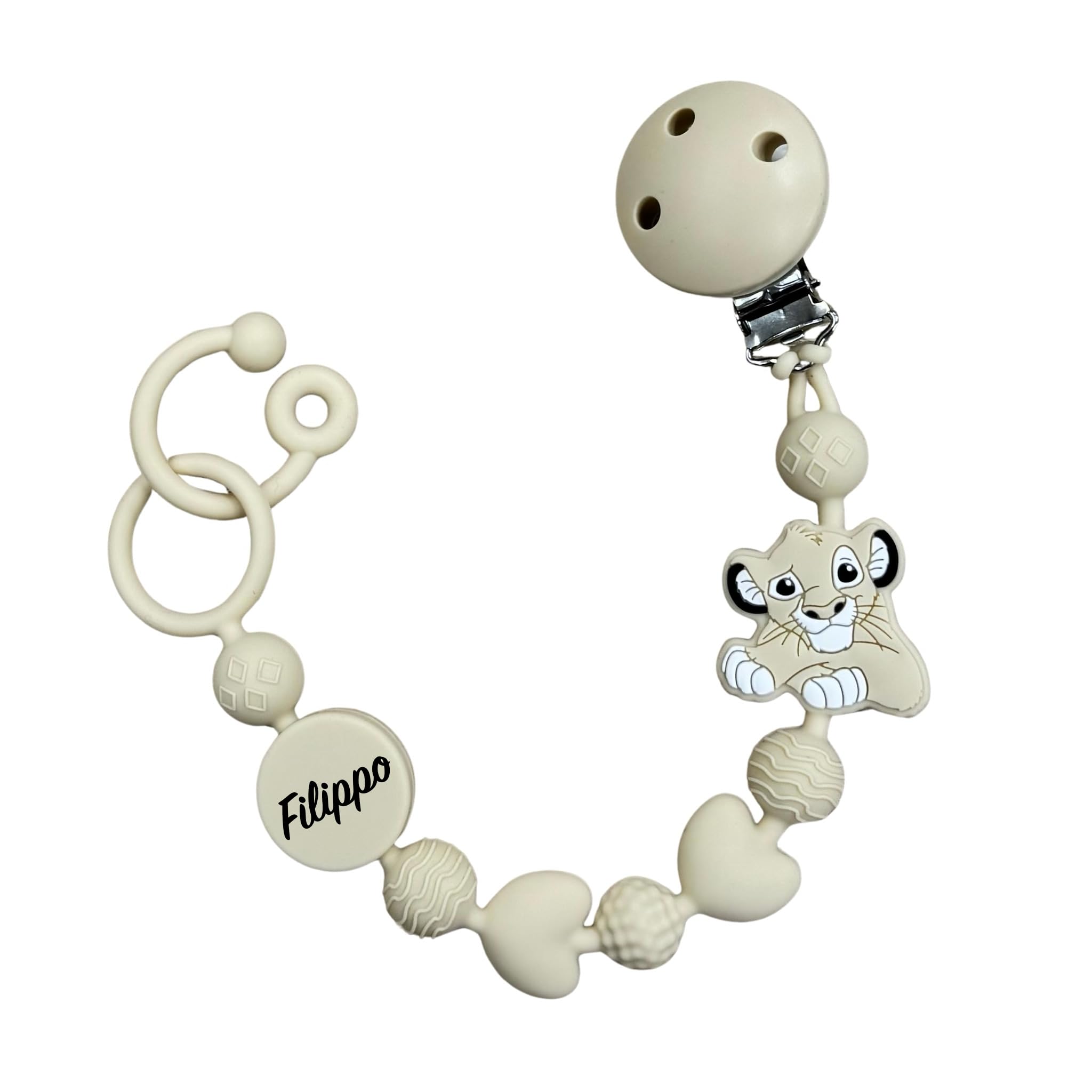 Cadena para chupete de silicona personalizada con nombre – Modelo Bubble Charm – Clip seguro – Idea regalo nacimiento – León