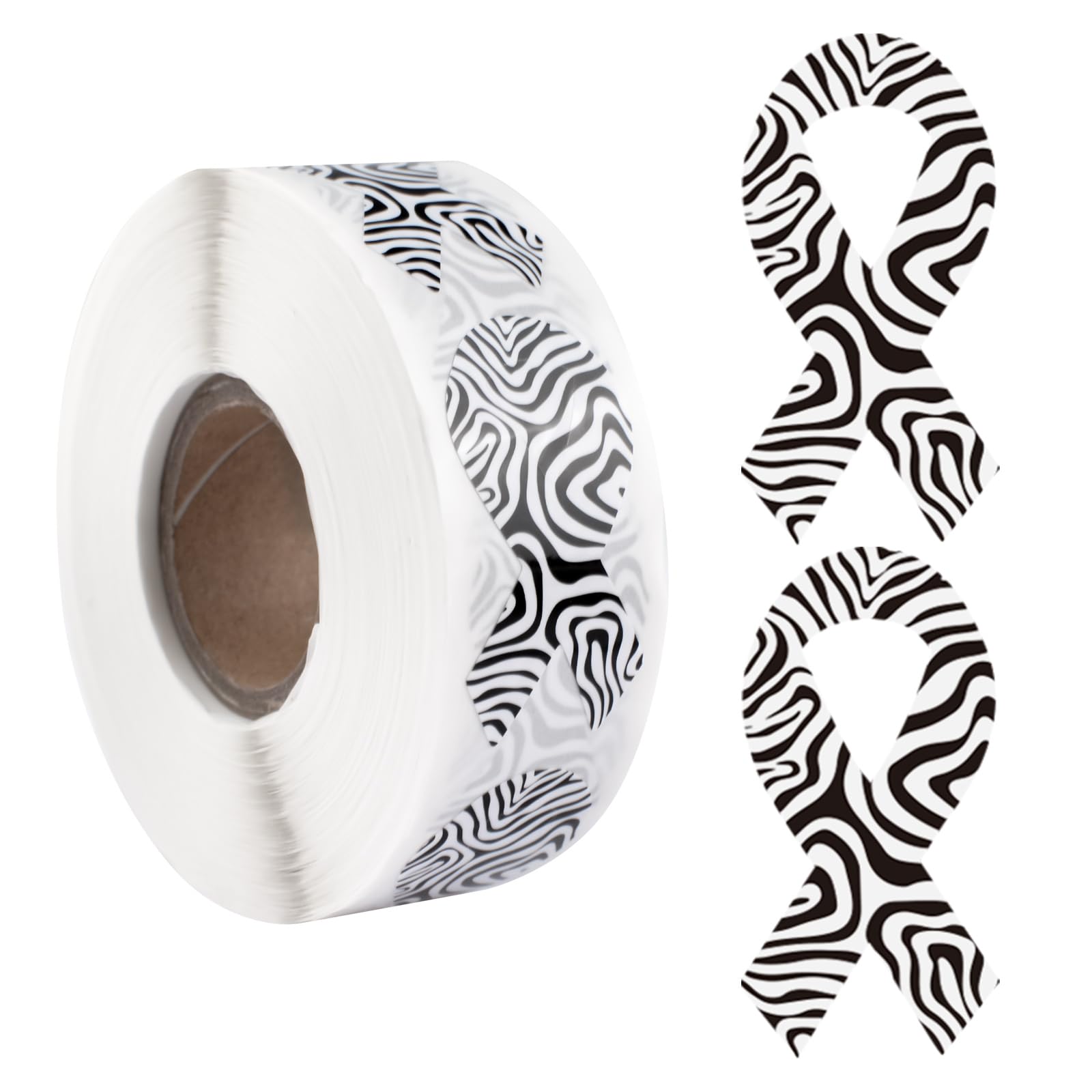 WANDIC 500 PCS Ribbon Sticker Roll Black White Zebra Ribbon Decal Rare Disease Carcinoid Awareness Care Stickers,for Social Charitable Activities,1.9 * 3.8cm