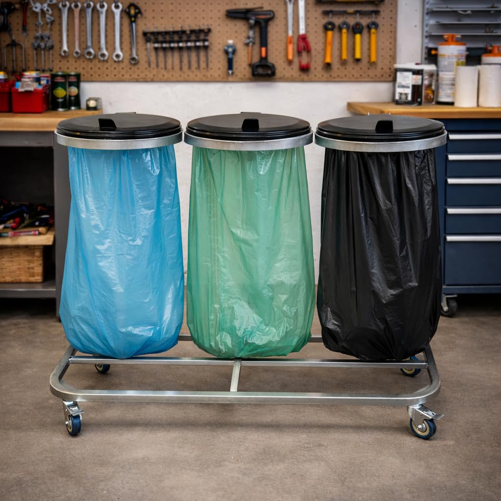 QUICK STAR Triple support pour sac poubelle avec couvercle et 4 roulettes | Support de sac poubelle en métal 120 l | Support stable pour sac poubelle – Acier galvanisé | Support de sac poubelle jaune