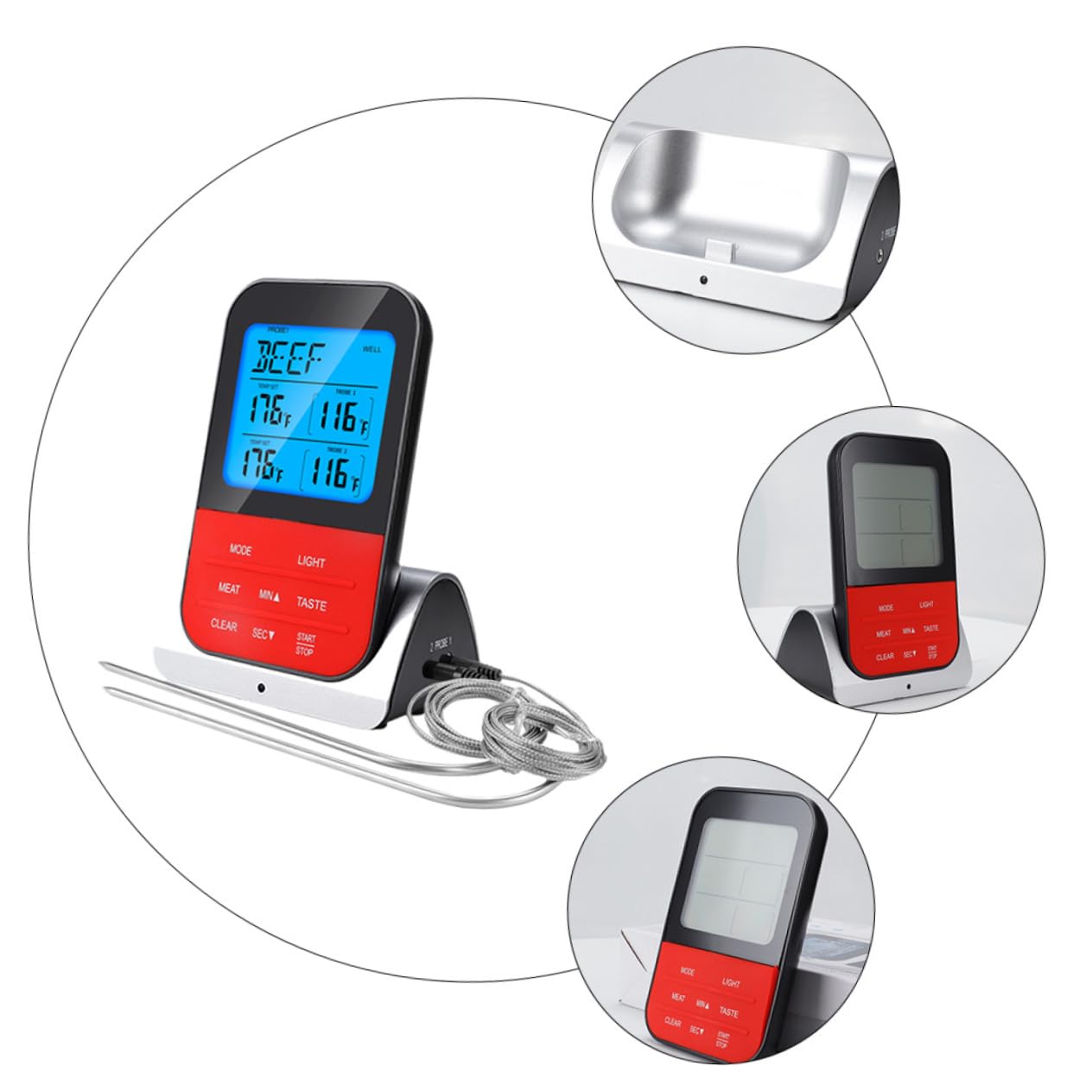 Amosfun Termómetro de Cocina Inalámbrico para Carne 2 Sondas Lcd 8 Tipos de Carne Alarma Sonora y Visual